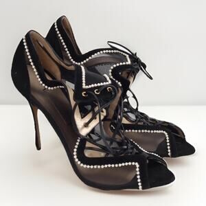 Nicholas Kirkwood Pearl Mesh Beaded Leather Lace Up Heels Sandals Size 38